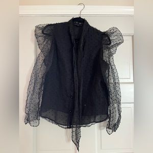 Black dotted lace blouse with necktie and puff sleeve